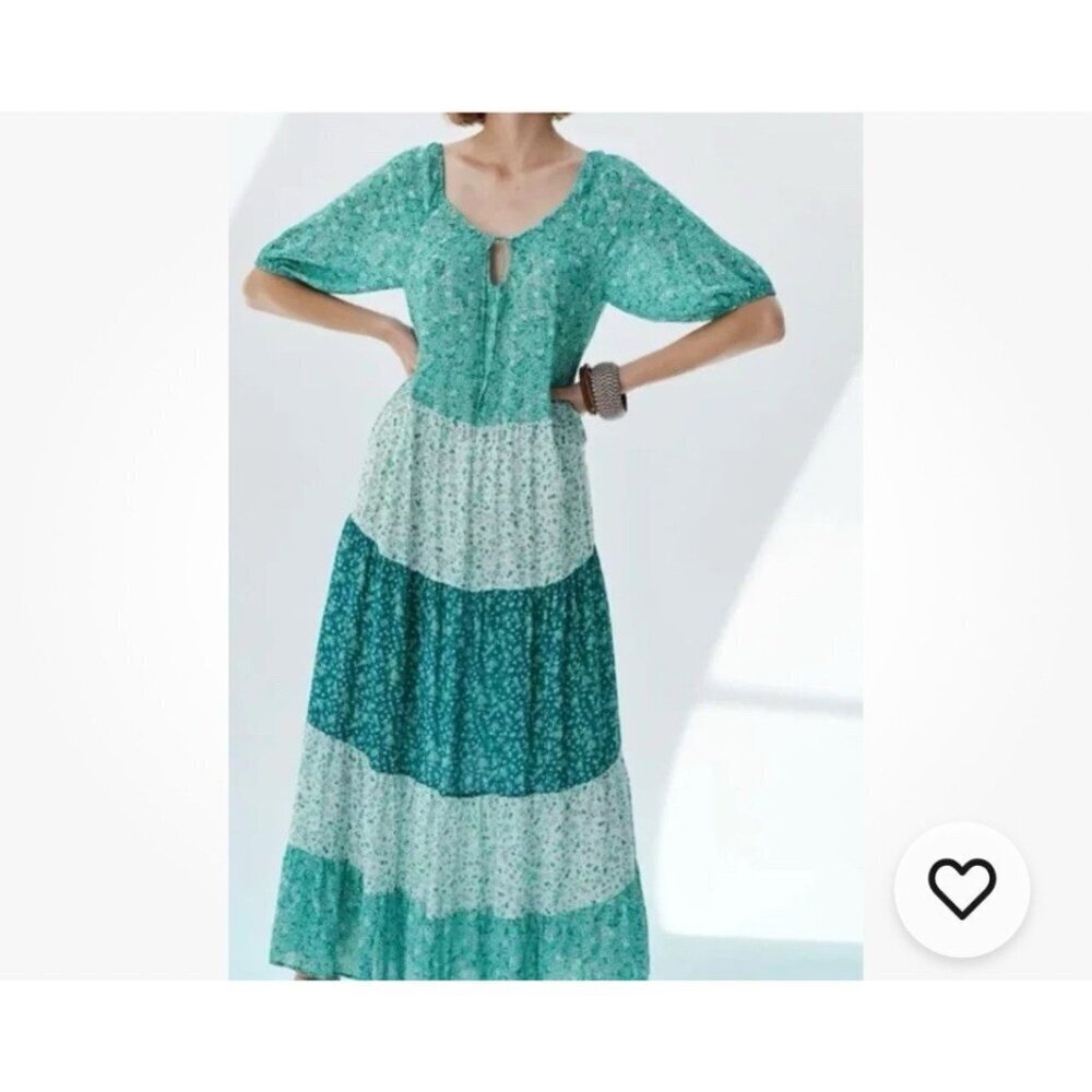 Zara Teal Green Turquoise Micro Ditzy Floral‎ Tiered Maxi Dress Size S Breezy